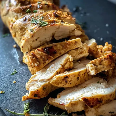 A plate of chicken with herbs on it.