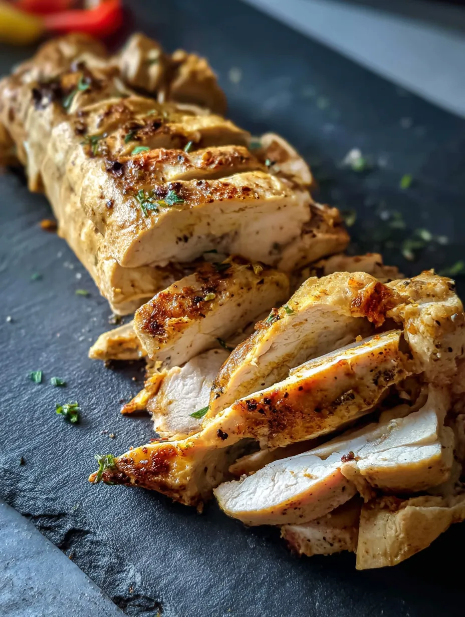 A piece of chicken on a black plate.