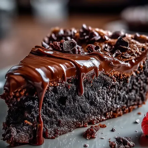 A slice of chocolate cake with chocolate drizzle.