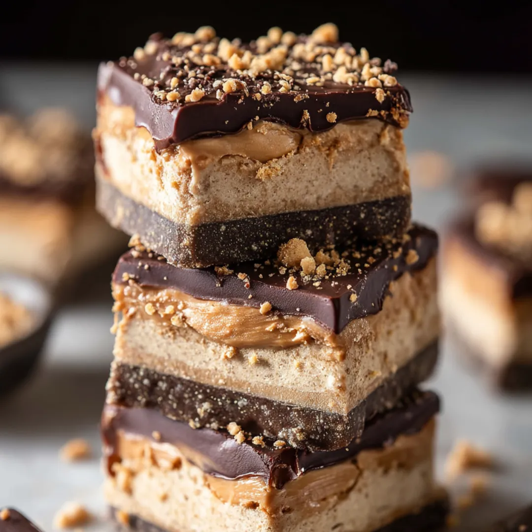 A stack of three chocolate peanut butter bars.