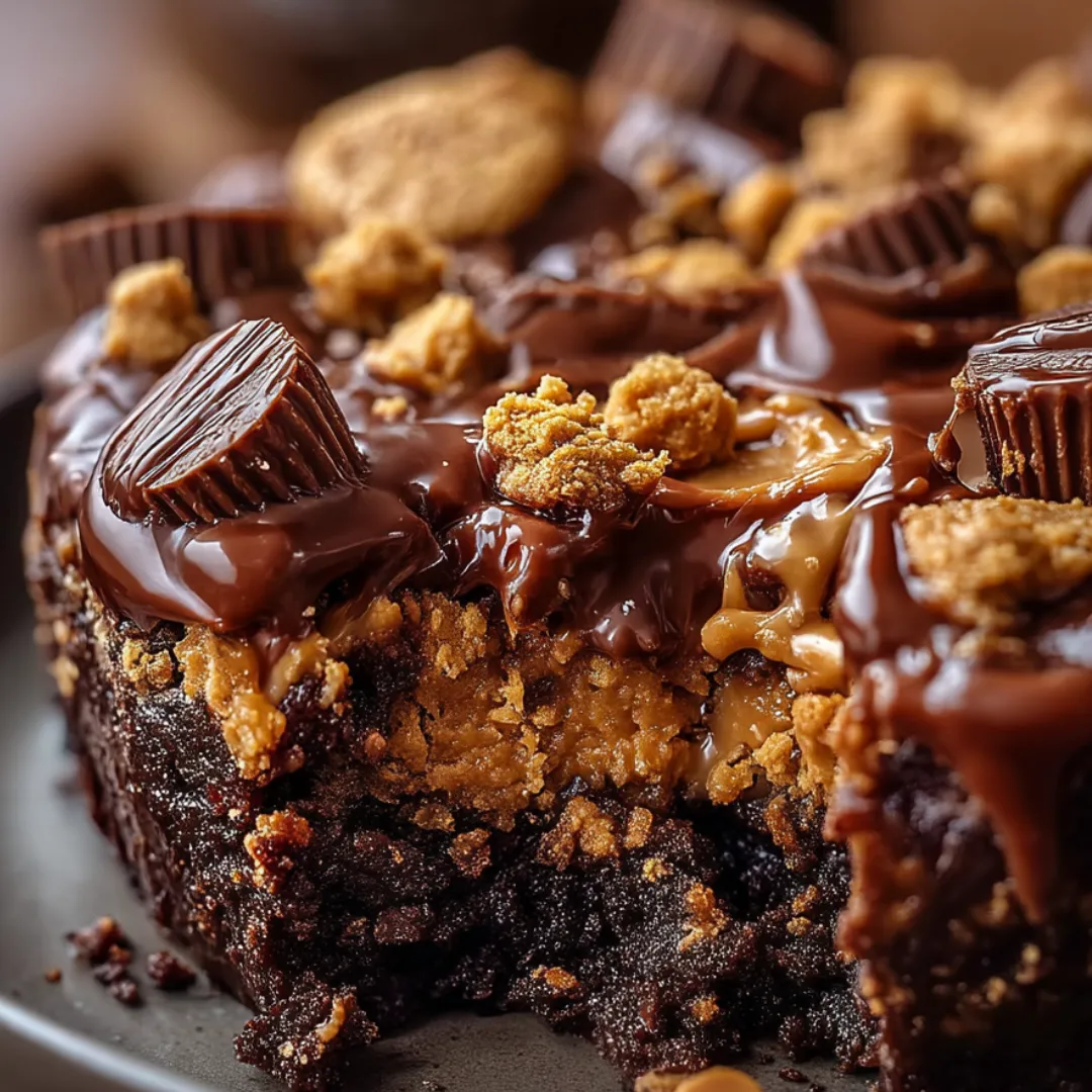 A slice of chocolate cake with peanut butter and chocolate chips.