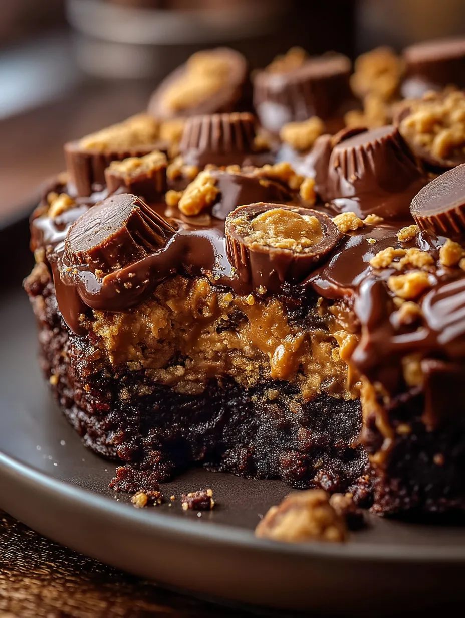 A slice of chocolate cake with peanut butter and candy toppings.