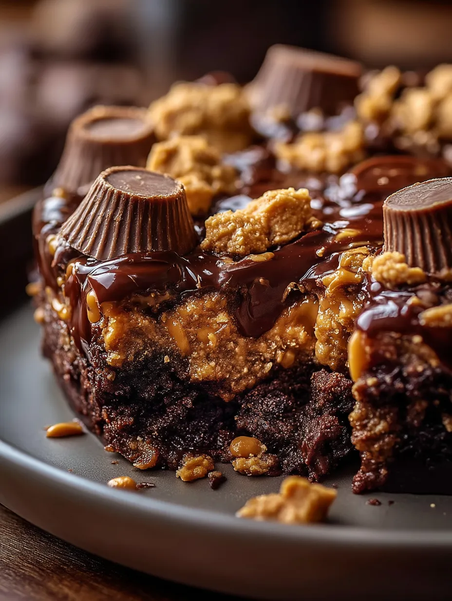 A slice of chocolate cake with peanut butter and candy toppings.