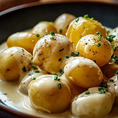 A bowl of food with potatoes and herbs.