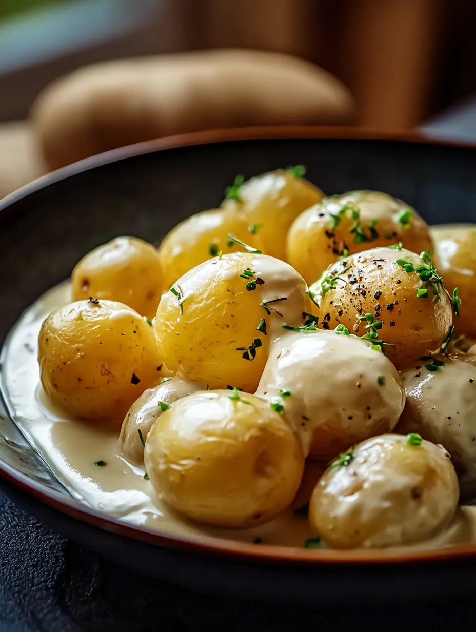 A bowl of food with potatoes and sauce.