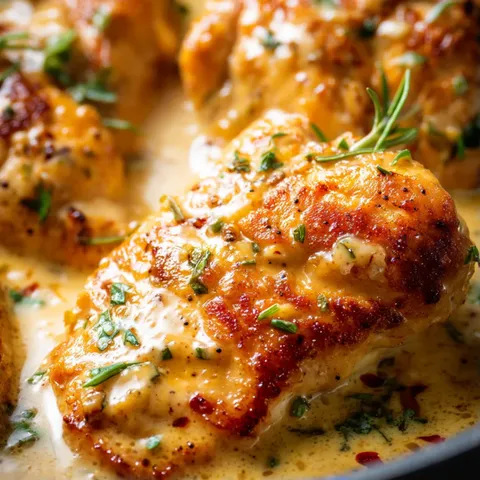 Chicken with sauce and herbs.