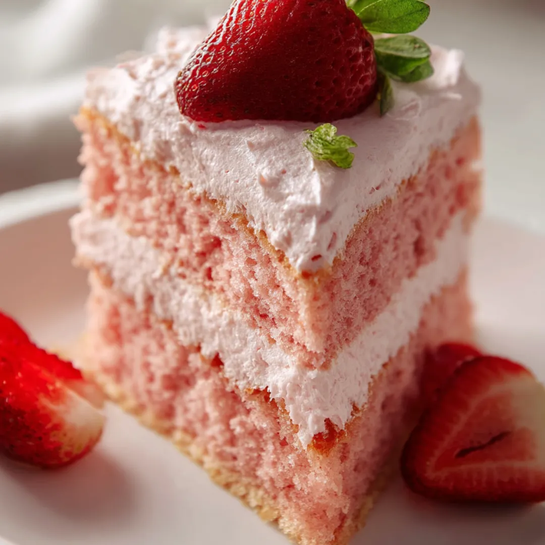 A slice of pink cake with a strawberry on top.