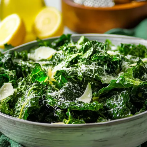 A bowl of greens with cheese and lemon.