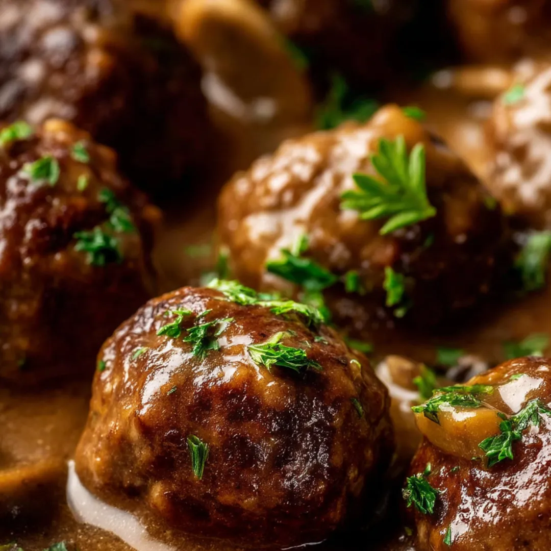 A plate of meatballs in a brown sauce.