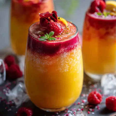 A glass of juice with a strawberry on top.