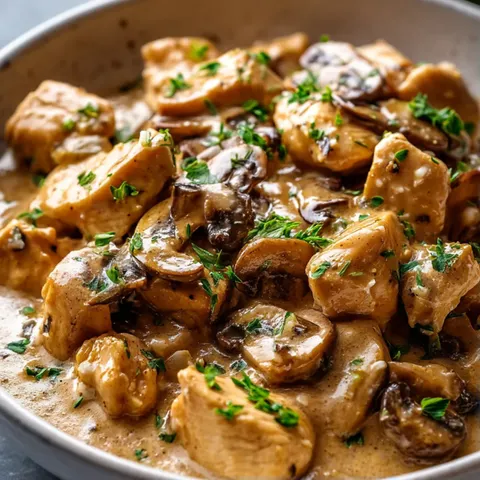 A bowl of food with mushrooms and chicken.