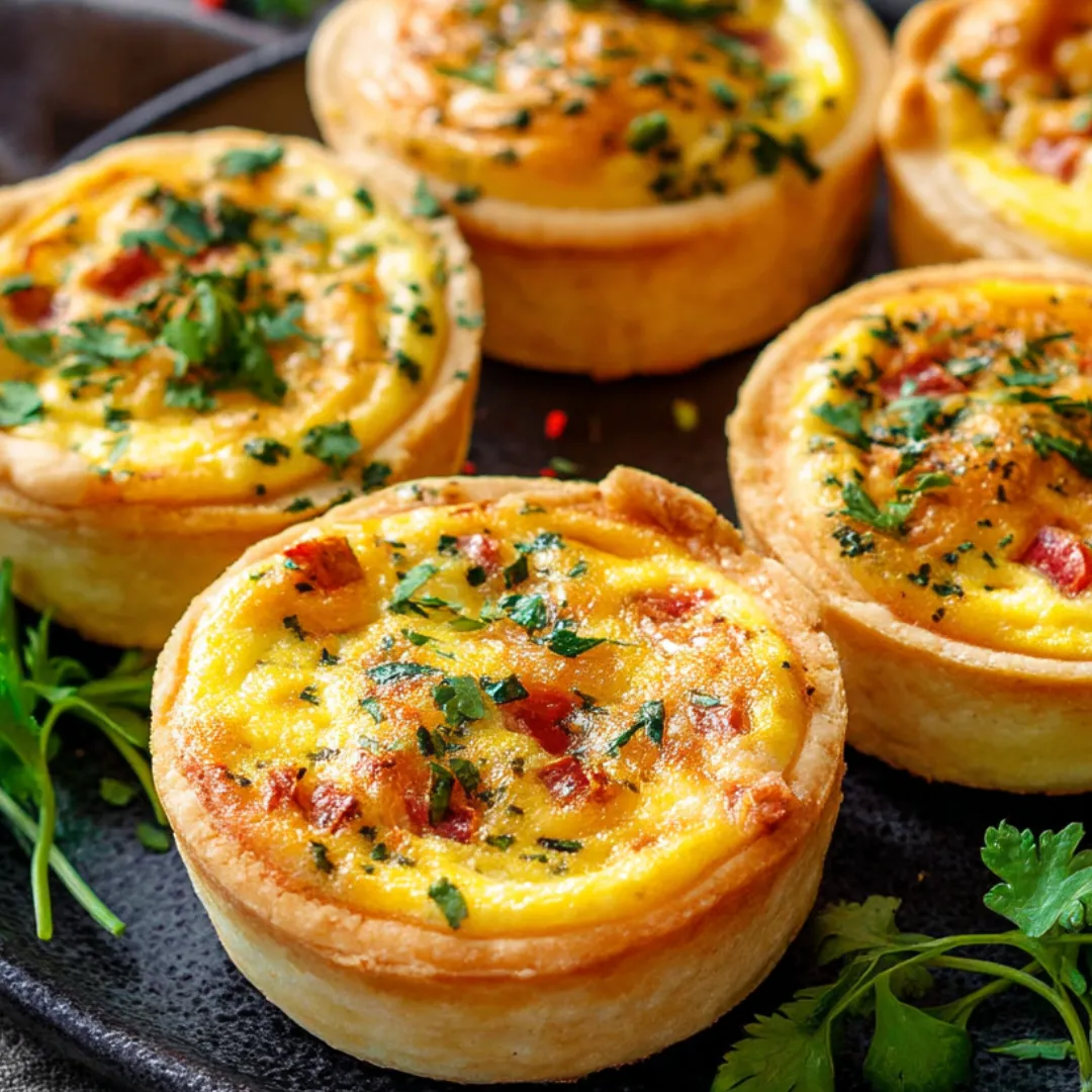 Four small quiches with herbs on top.