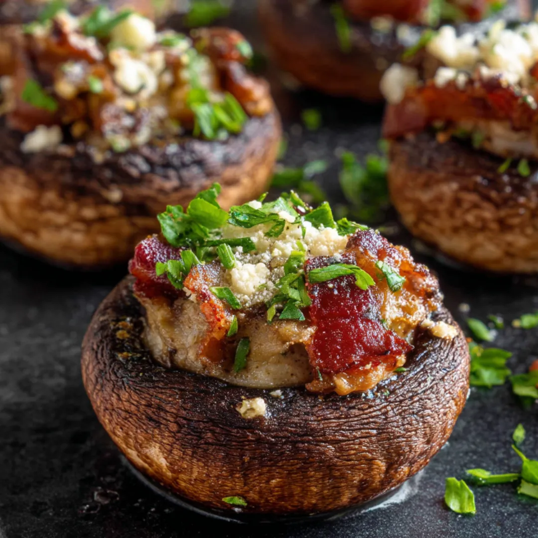 A mushroom with bacon and cheese on top.