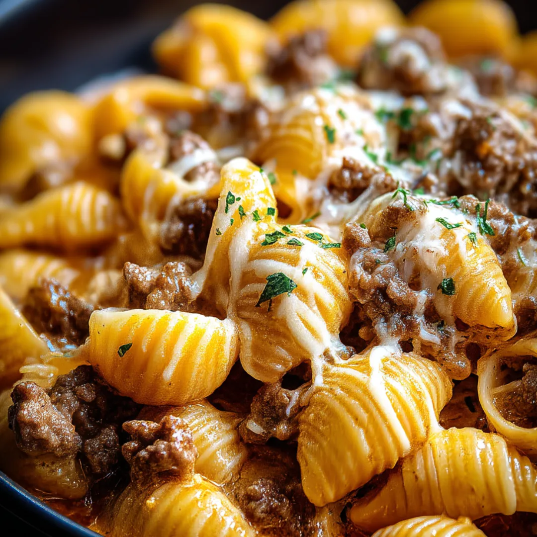A bowl of pasta with meat and cheese.