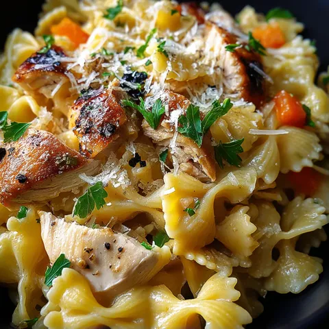 A bowl of pasta with chicken and cheese.