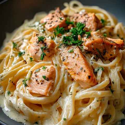 A bowl of pasta with chicken and herbs.