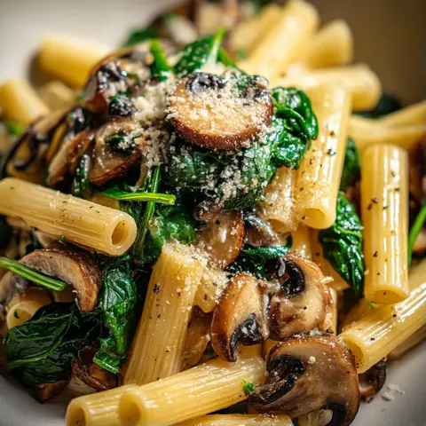 A plate of pasta with mushrooms and spinach.