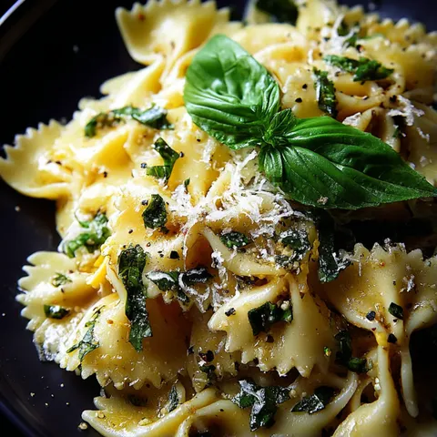 A bowl of pasta with green leaves on top.