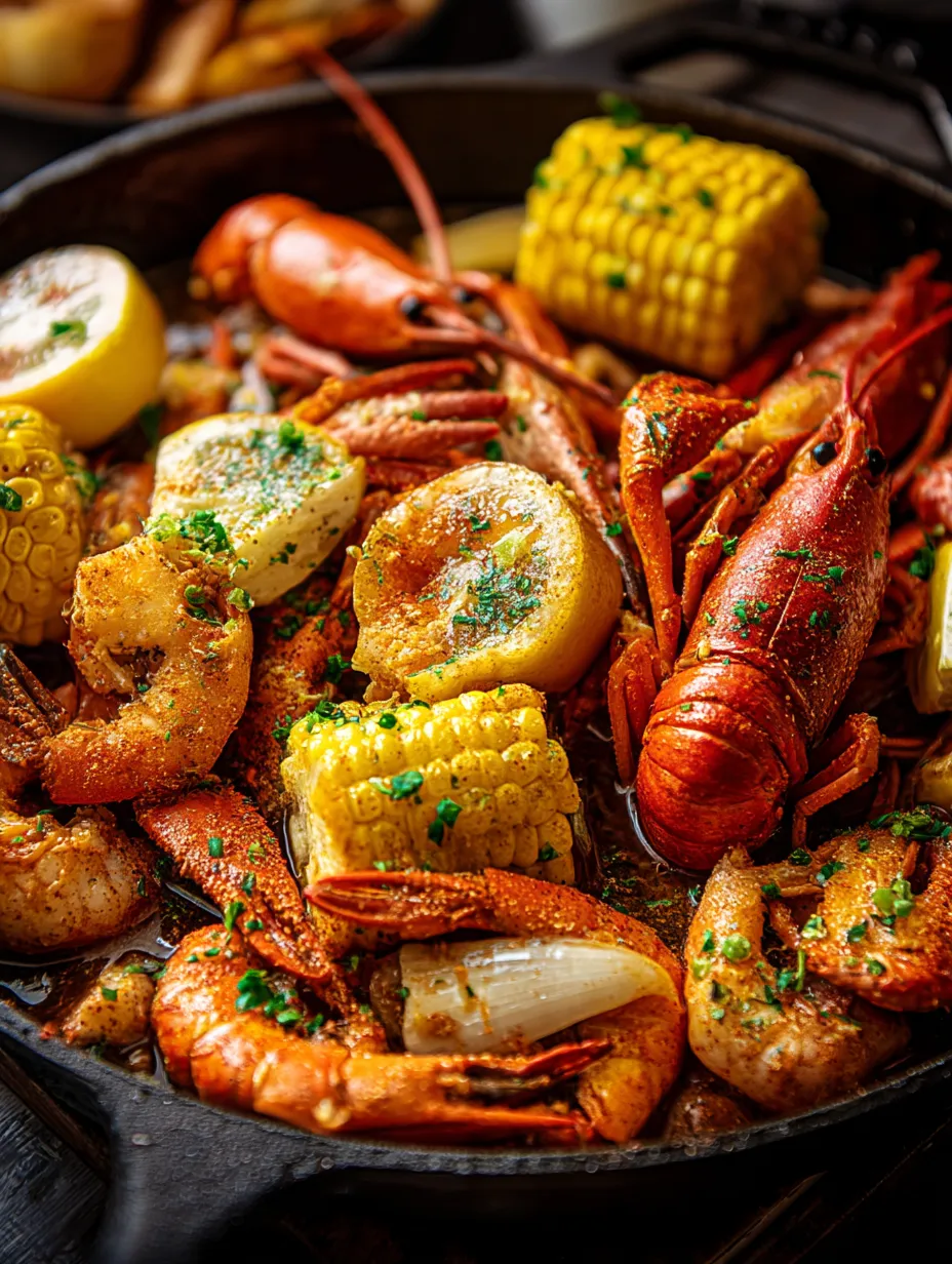 A bowl of seafood with corn and lemon.
