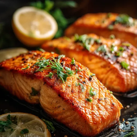 A plate of fish with lemon slices on top.