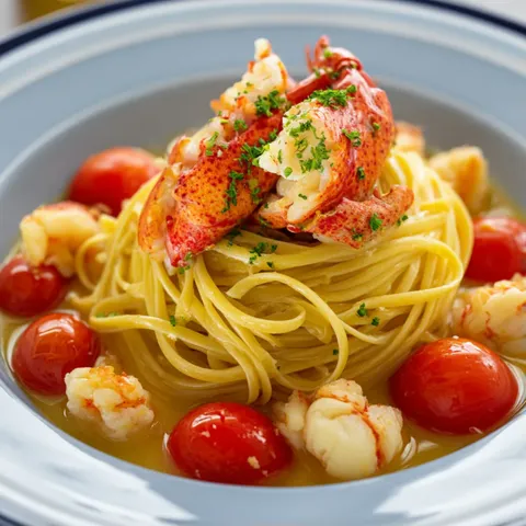 A plate of food with lobster and tomatoes.