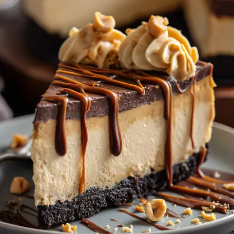 A slice of cheesecake with caramel drizzle.