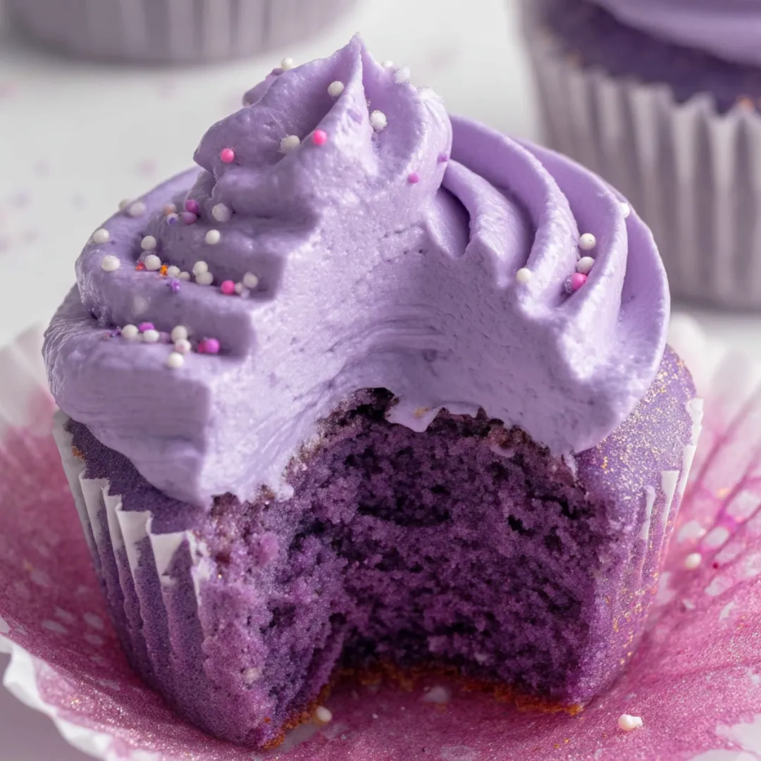 A purple cupcake with pink frosting.