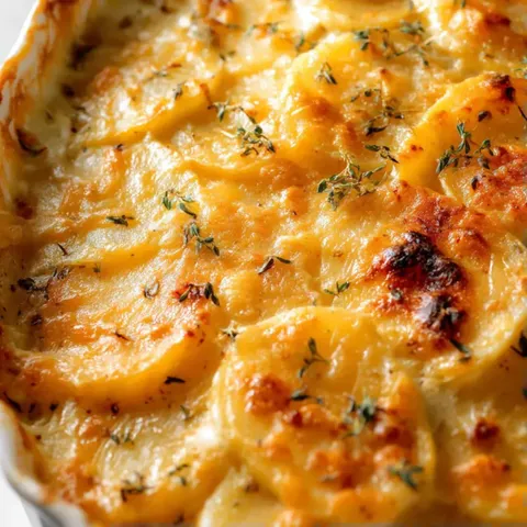 A baked dish with a golden crust and herbs.