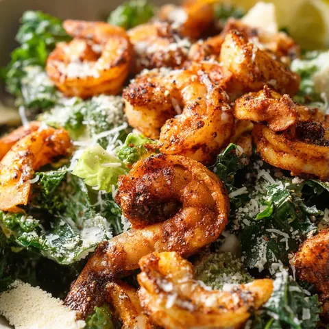 A salad with shrimp and cheese.