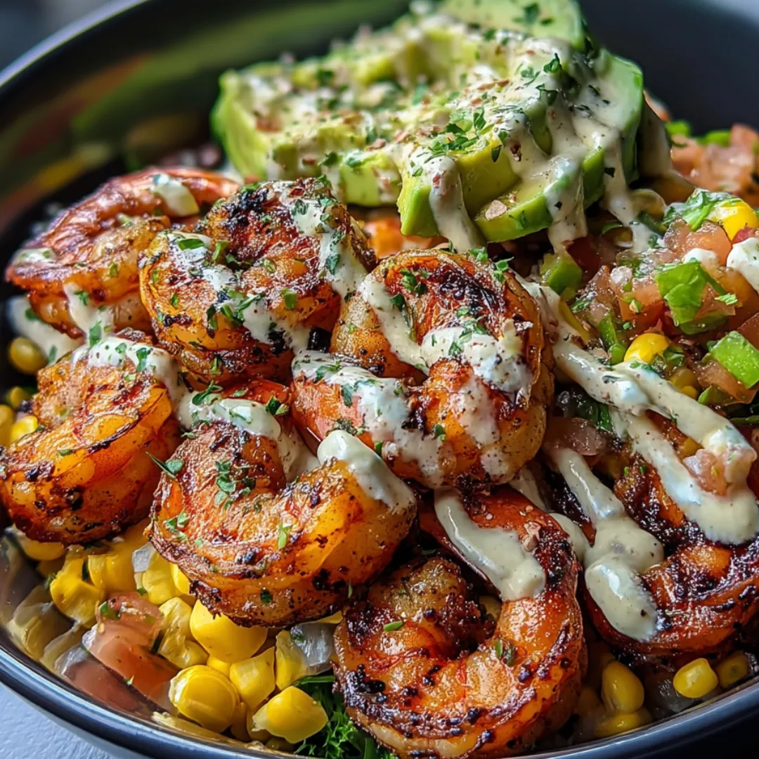 A bowl of food with shrimp, corn, and avocado.
