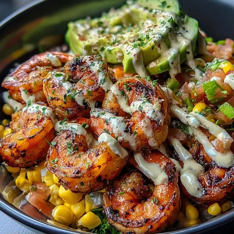 A bowl of food with shrimp, corn, and avocado.