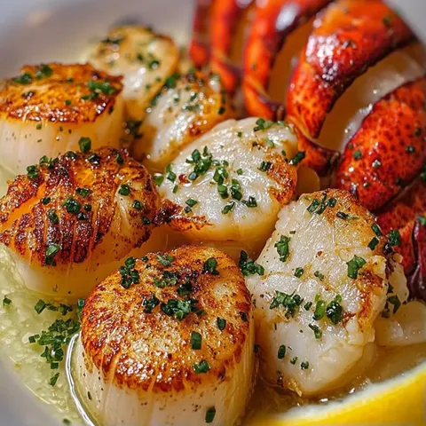A plate of food with lobster, scallops, and shrimp.
