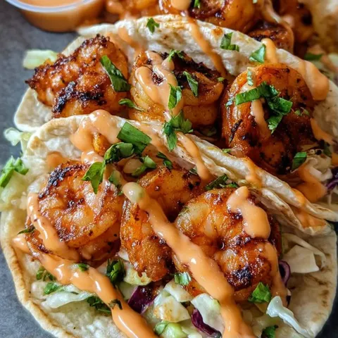 A plate of shrimp tacos with a side of sauce.
