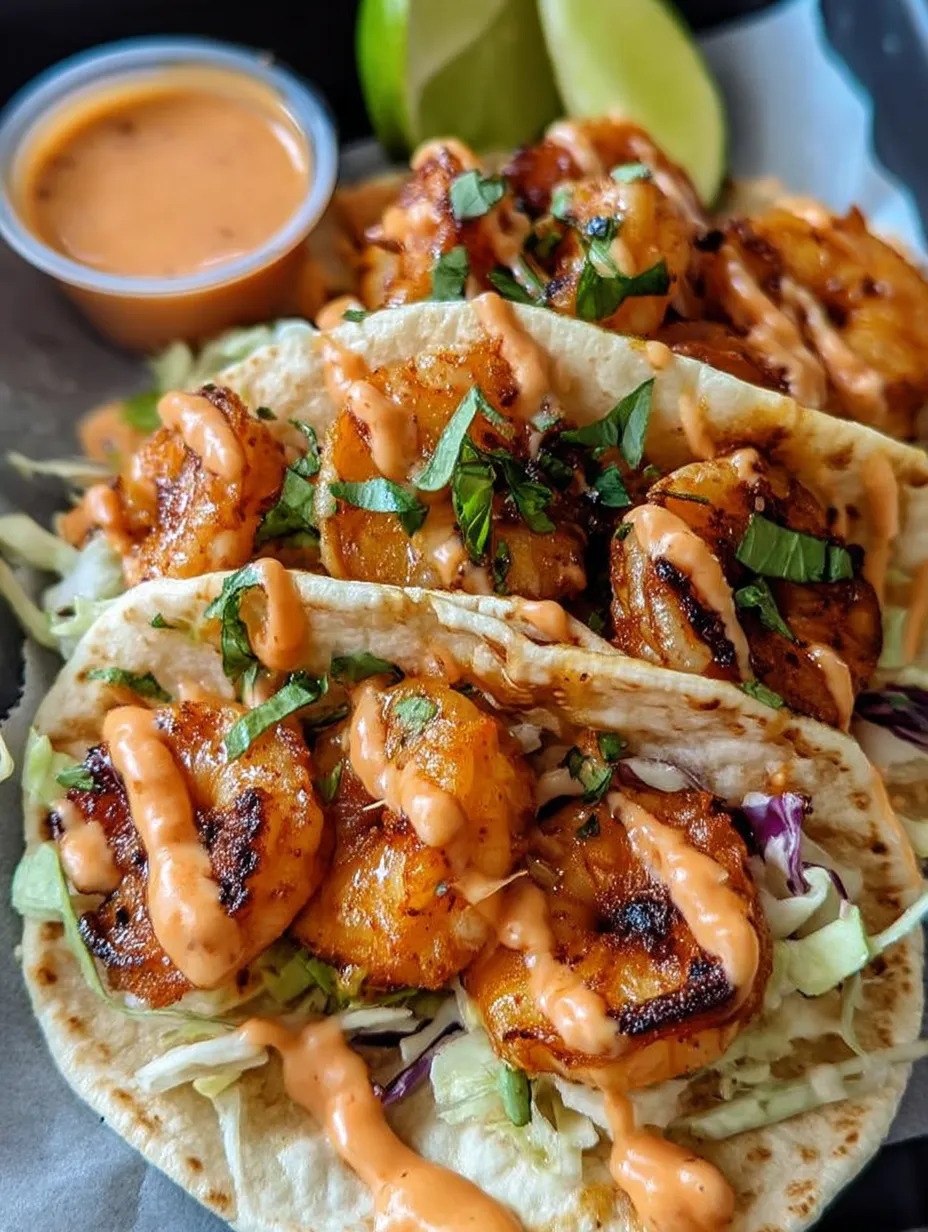 A plate of shrimp tacos with a side of sauce.