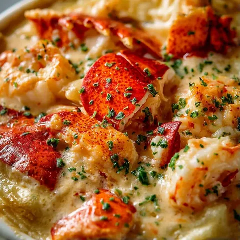 A bowl of lobster bisque with a green herb on top.