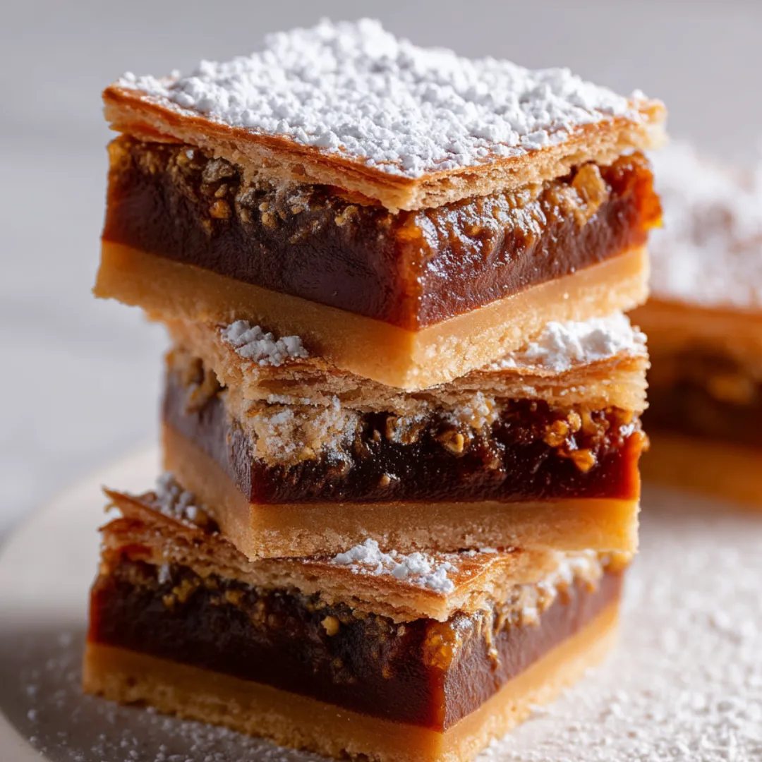 Three layers of chocolate cake with white powdered sugar on top.