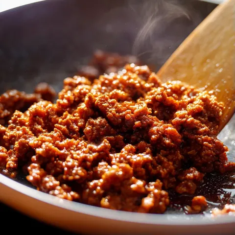 A bowl of meat is being stirred.