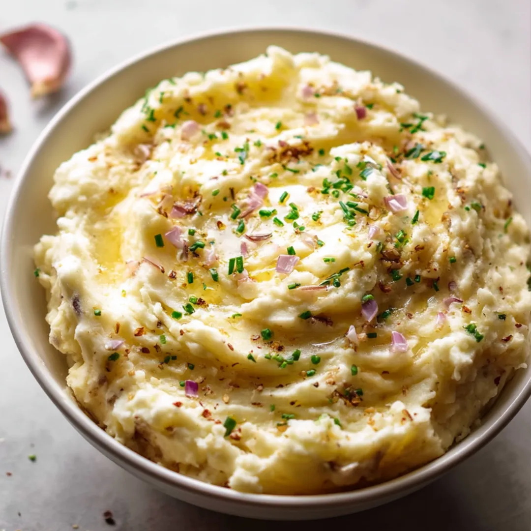 A bowl of mashed potatoes with green herbs.
