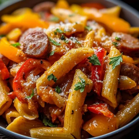 A bowl of pasta with sausage and peppers.