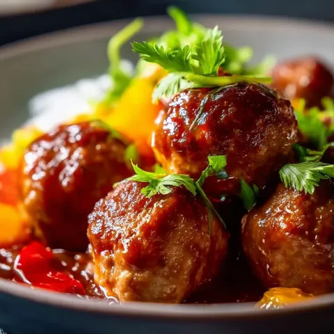 A bowl of meatballs with a green garnish.