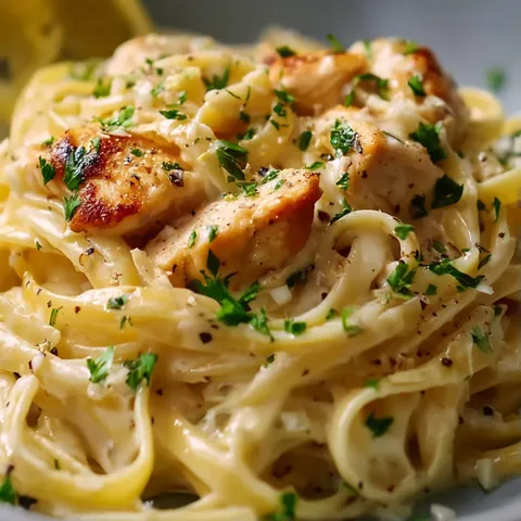 A plate of pasta with chicken and herbs.