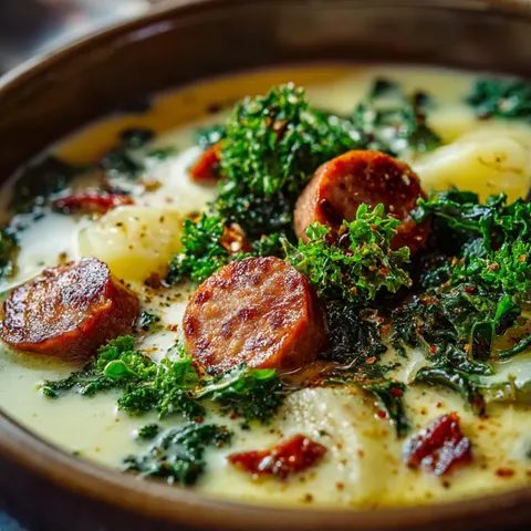 A bowl of soup with sausage and broccoli.
