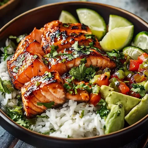 A bowl of food with rice, fish, and lime.