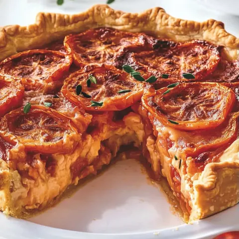 A slice of pie with tomatoes on a white plate.