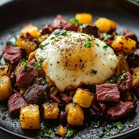 A plate of food with a fried egg on top.