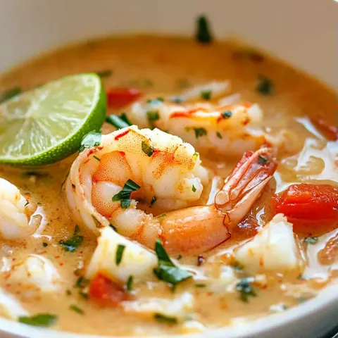 A bowl of soup with shrimp and lime.