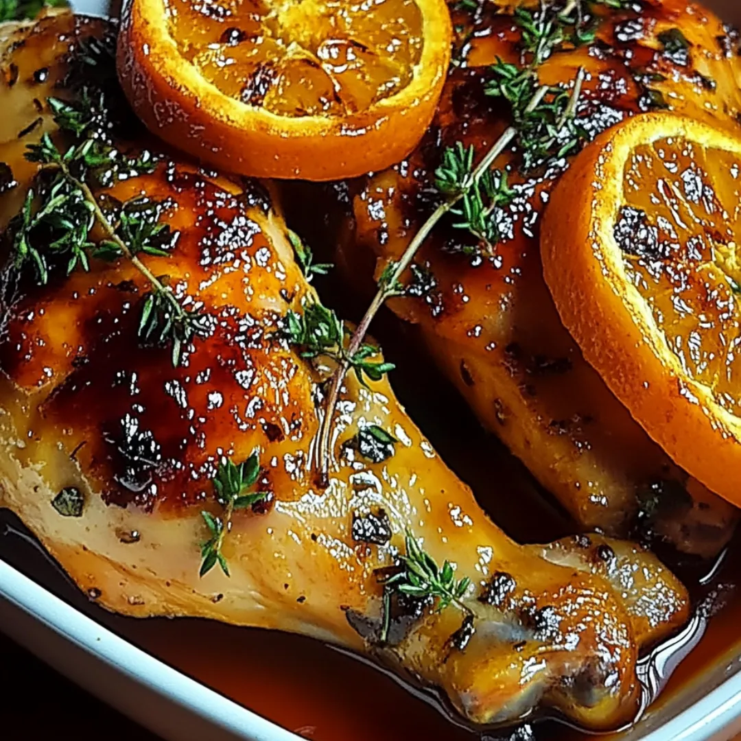 Chicken with orange slices and herbs.