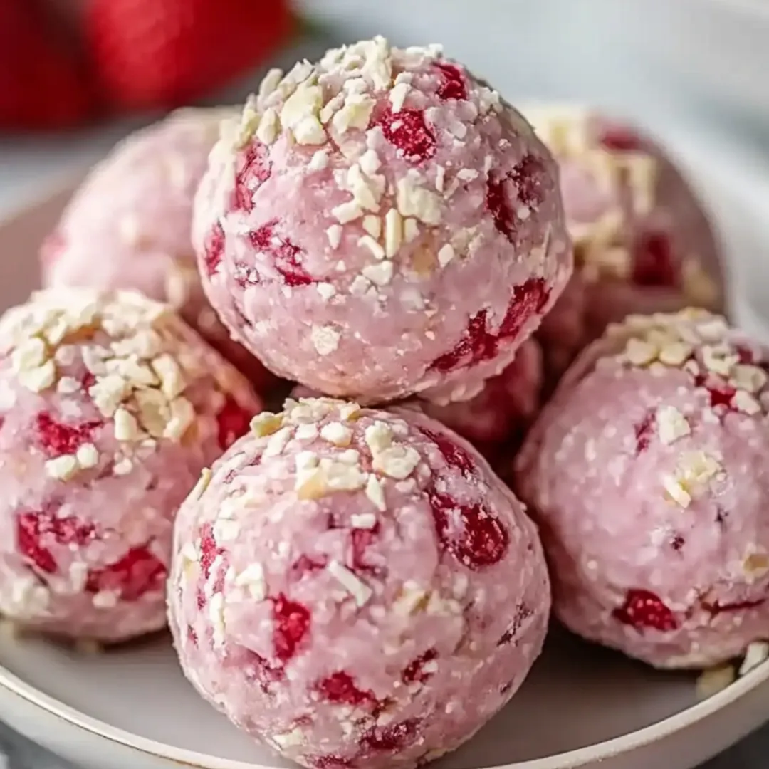 A plate of pink balls with red strawberries.