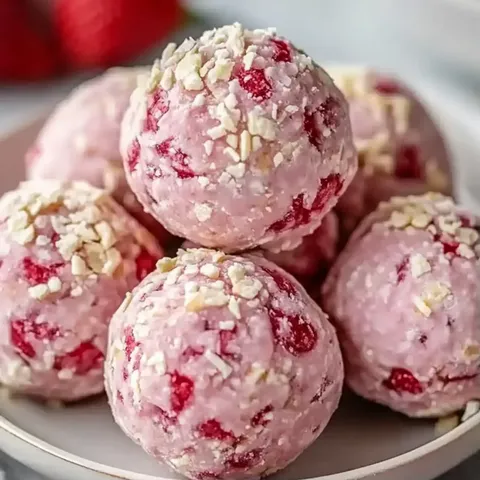 A plate of pink balls with red strawberries.