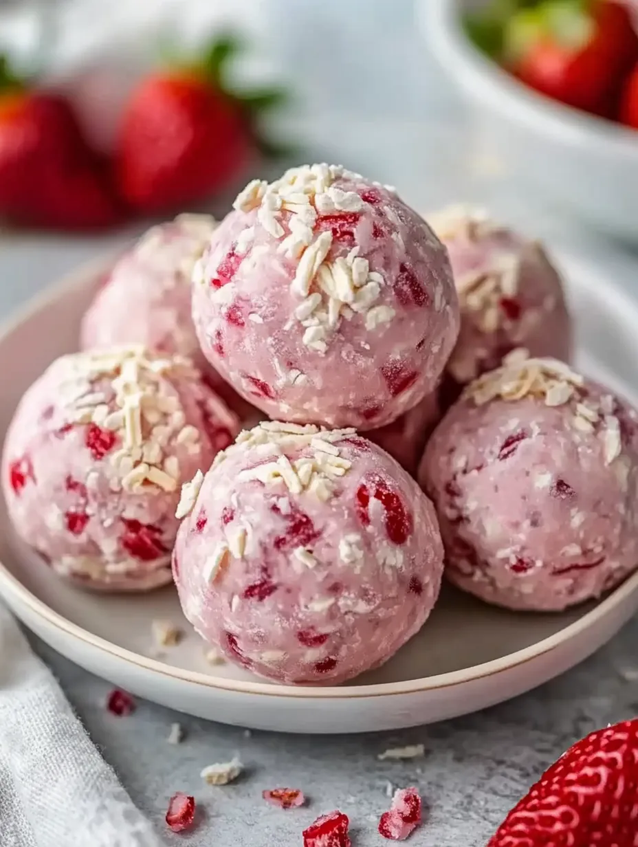 A plate of pink balls with red strawberries in the background.